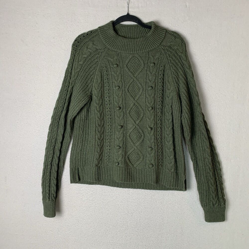 J. Crew Sweater Women Large Green Wool Blend Cable Knit Pom Pom Preppy Office